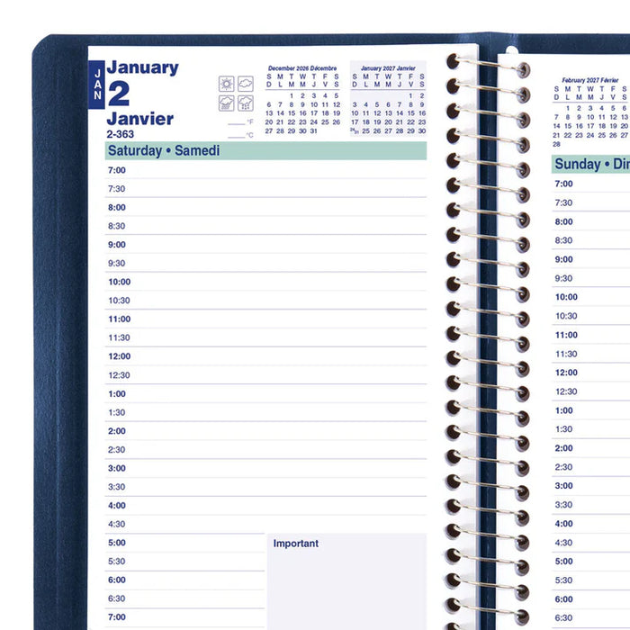 Blueline® 2027 Essential Daily Planner, Appointment Book, 12 Months, January to December, Spiral Binding, 8" x 5", Blue, Bilingual (C1504.82BT-27)