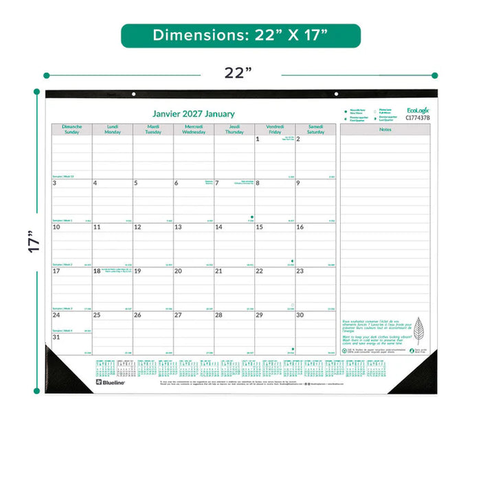 Calendar Pad-Desk Monthly 22X17 Ecologix  Bilingual  2027 (C177437B-27)