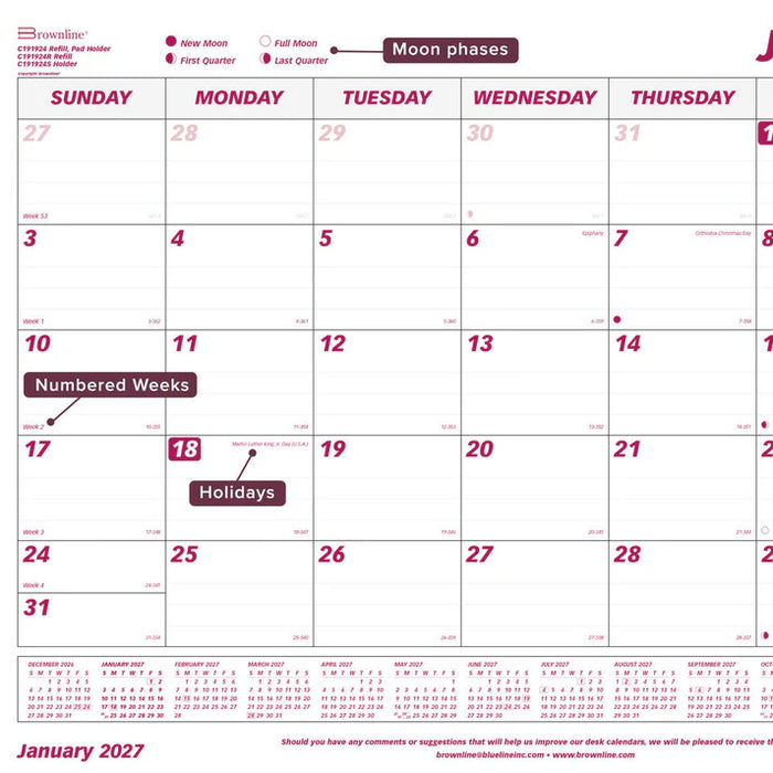 Calendar Pad Refill-Desk, Monthly 23-1/2X18-3/8 English 2027 (C191924R-27)