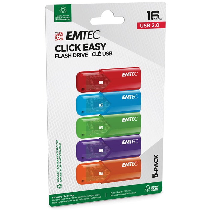 Flash Drive-Emtec Click Easy Usb 2.0 16Gb, Assorted 5-Pack