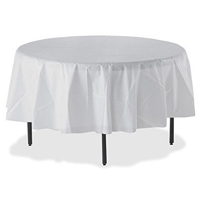 Table Cover-Genuine Joe, 84" Round Plastic, White, 6/Pack