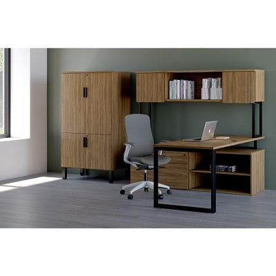 Workstation-Tiered Level L-Shaped, Black Walnut