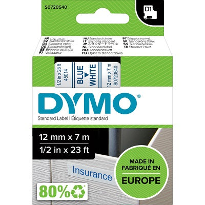 Tape-Dymo D1, 1/2" X 23' Blue On White