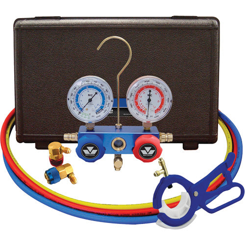 FLV317 - Automotive R134A 2-Way Manifold Gauge Set with 3-In-1 Side Mount Can Tap Valve
