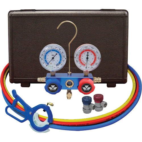 FLV320 - Automotive Manifold Gauge Set with Manual Couplers & 3-in-1 Side Mount Can Tap Valve