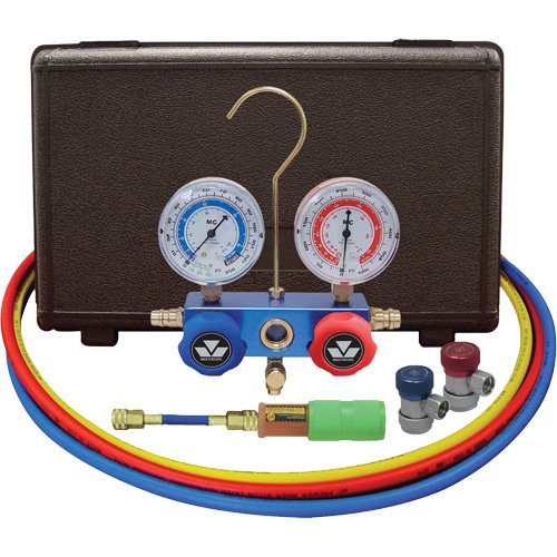 FLV321 - Automotive Manifold Gauge Set with Mini Dye Injector & Manual Couplers