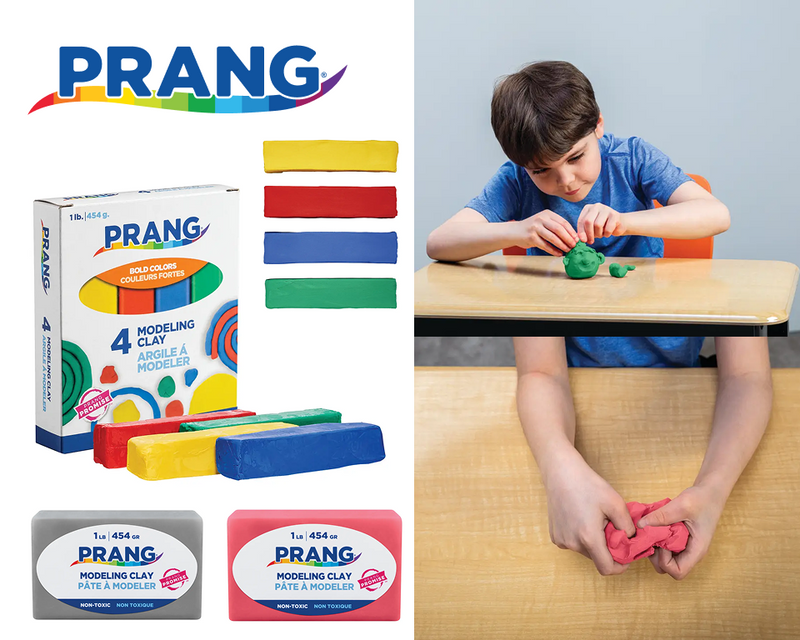 Prang modeling clay packaging and a child playing with clay.
